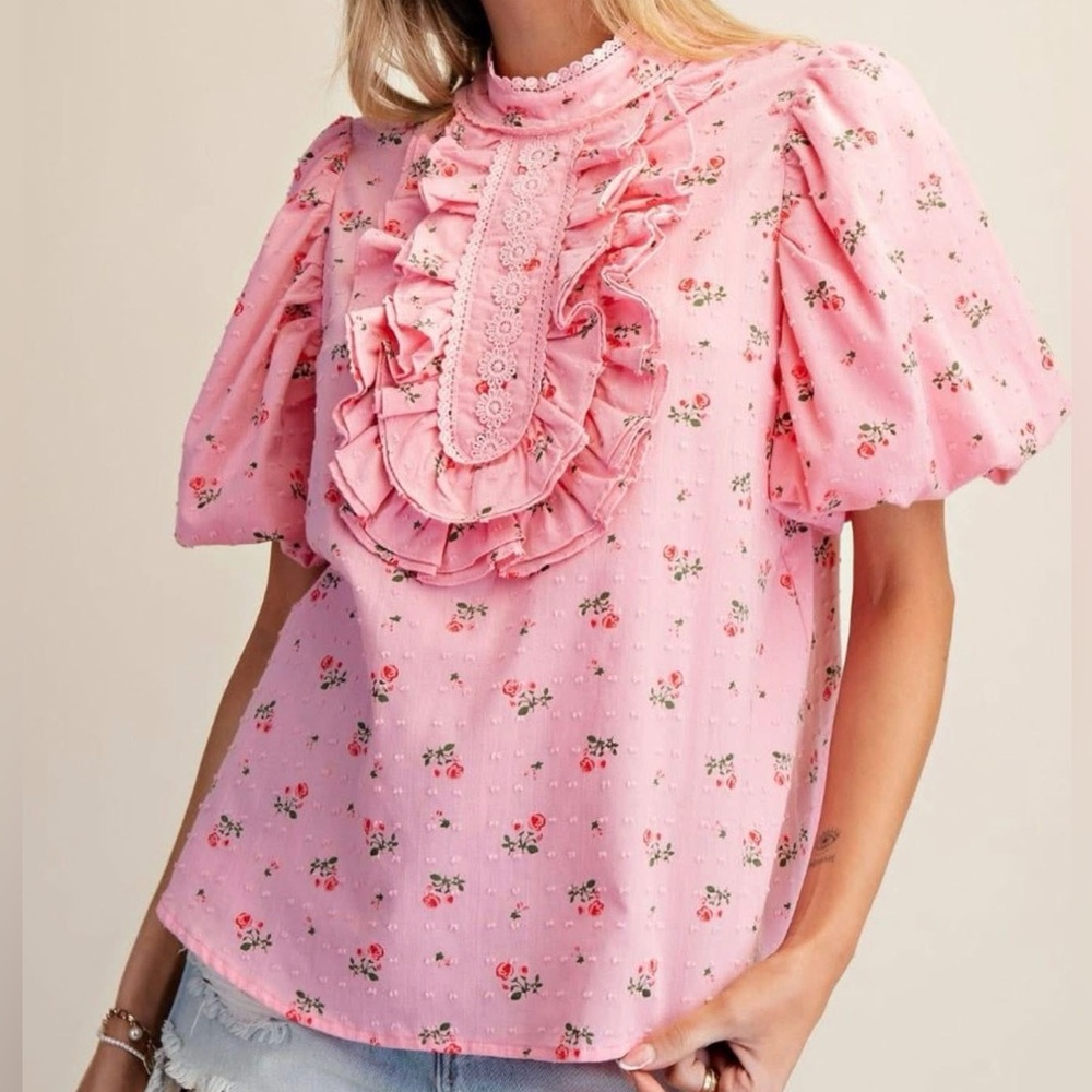 Pink Floral Ruffle Front Puff Sleeve Blouse